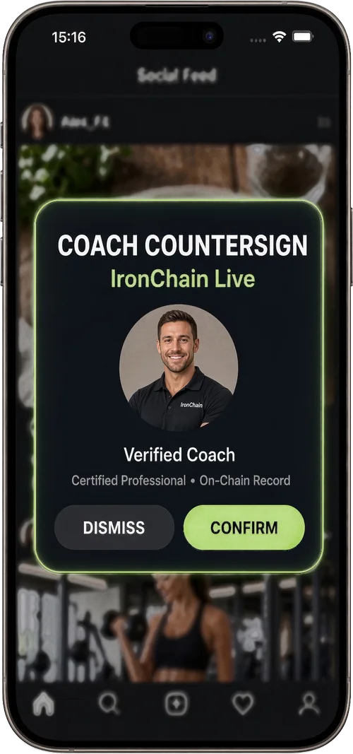 Coach countersign prompt: a verified coach confirms the session they just witnessed