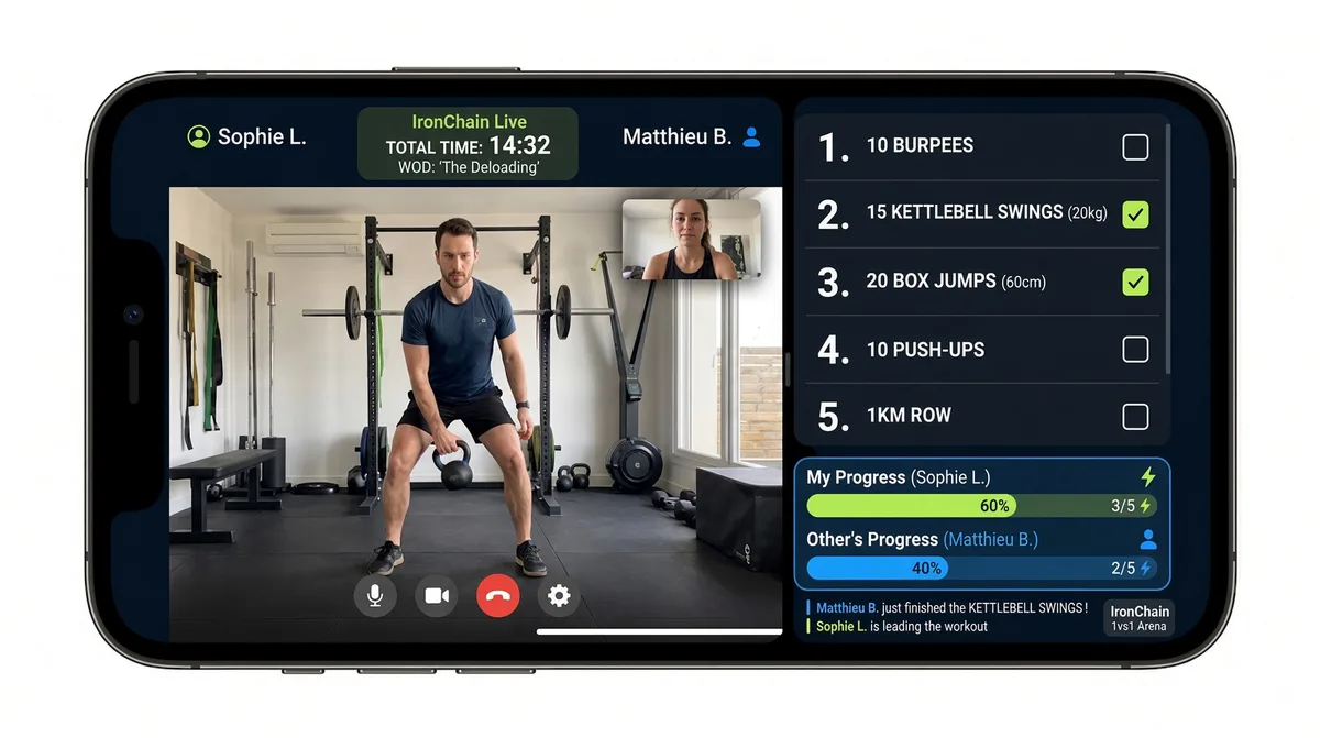 Live 1-on-1 duel over video: the opponent in their home gym, the exercise list with checkboxes, and both players' progress bars
