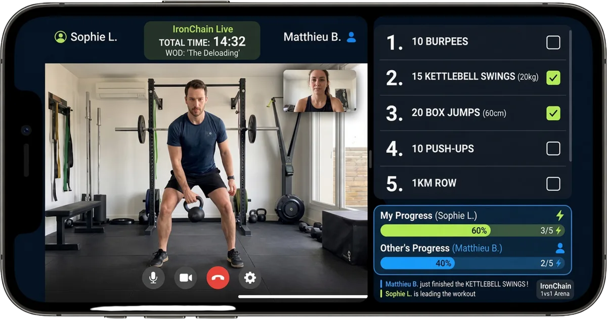 Live 1-on-1 duel over video: the opponent in their home gym, the exercise list with checkboxes, and both players' progress bars