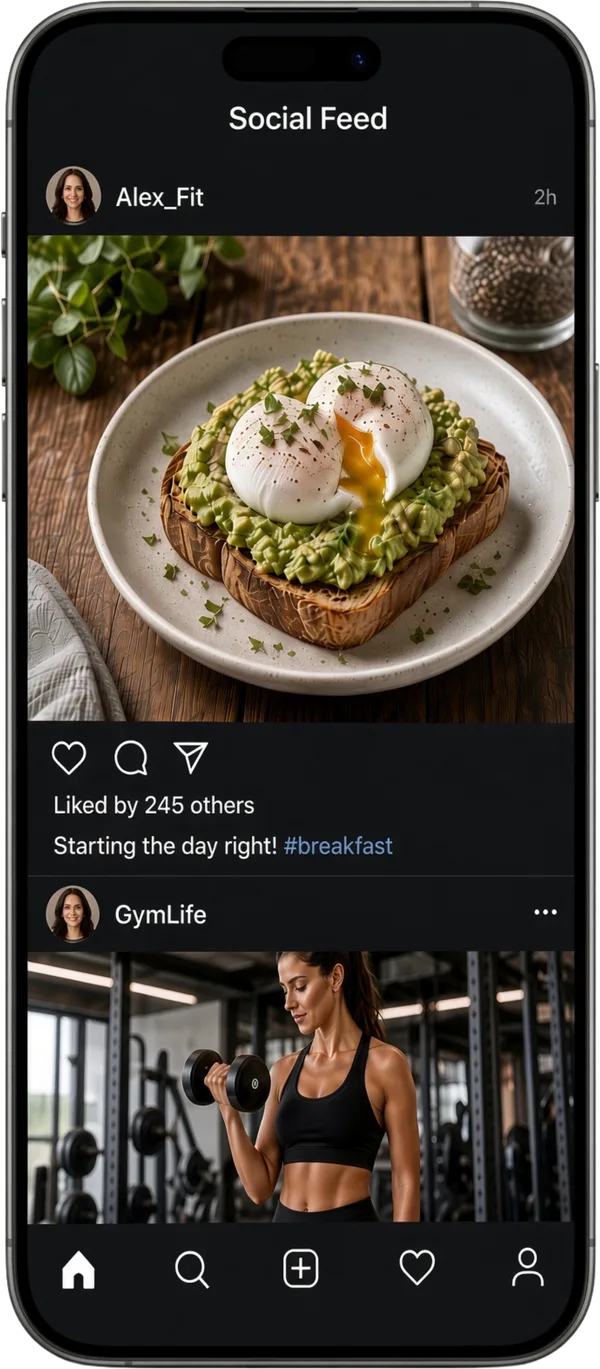 IronChain social feed: a member's breakfast post liked by 245 others, then a training post from the gym