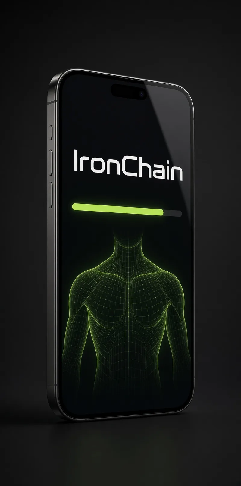 Iron Chain splash screen: the app name above a lime wireframe torso