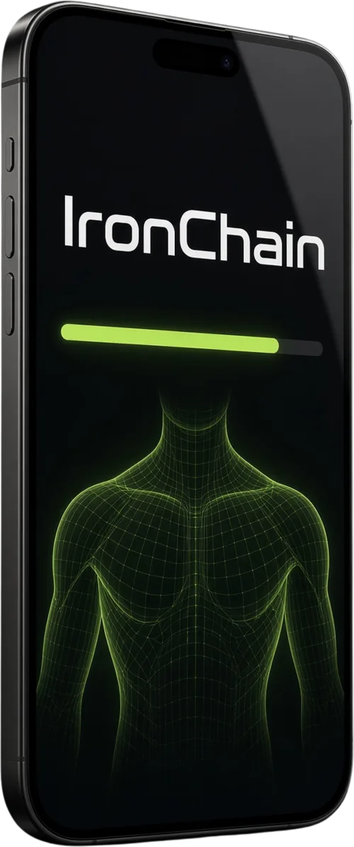 IronChain splash screen: the app name above a lime wireframe torso